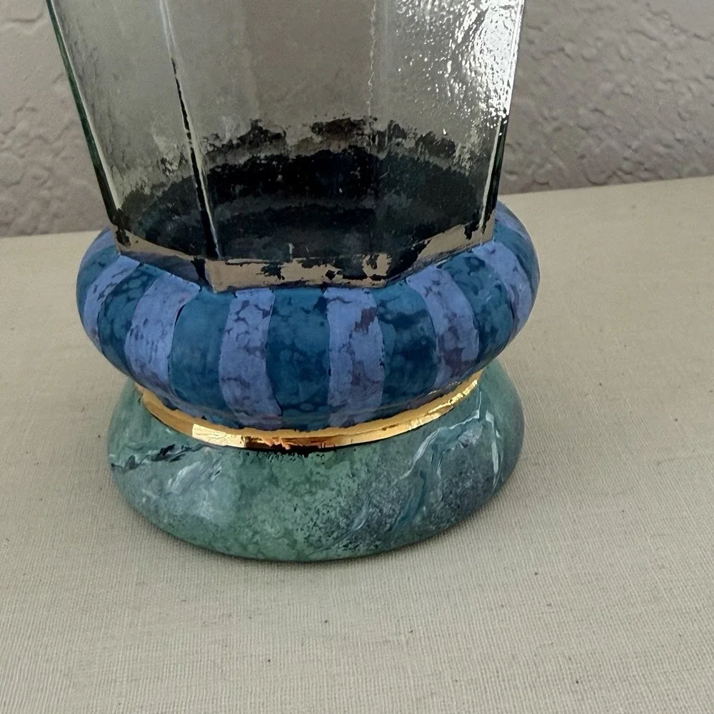 Vtg 80s 90s Mackenzie Childs Glass Cups Circus Purple Stripe Marble Octagon
